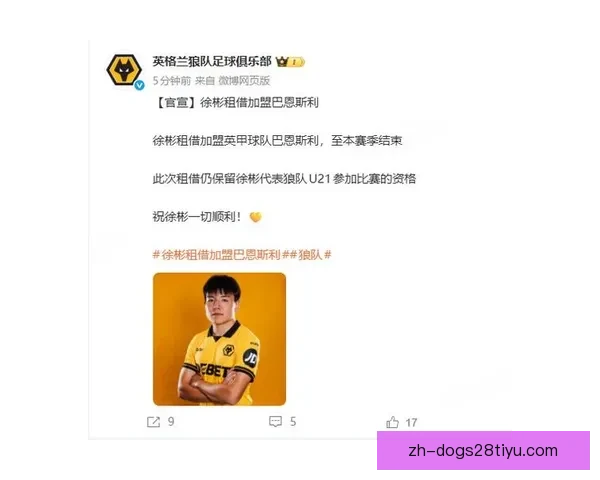 公告徐彬双效力巴恩斯利狼队U21